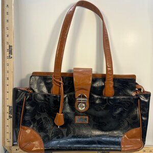 Gigi Hill Women's Black Brown Leather Tote Bag Floral Lining Shoulder Purse